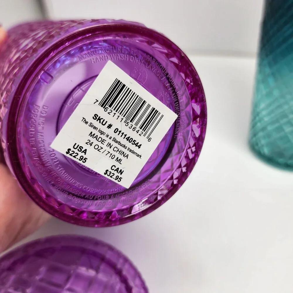 Two Starbucks Venti 24 Oz Jeweled Tumblers Purple Pink Taffy and Green Ombre